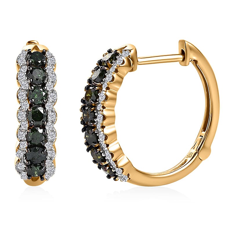 Green and White Diamond Hoop Earrings in Vermeil Yellow Gold Over Sterling Silver 1.00 ctw