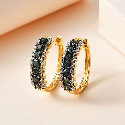 Green and White Diamond Hoop Earrings in Vermeil Yellow Gold Over Sterling Silver 1.00 ctw