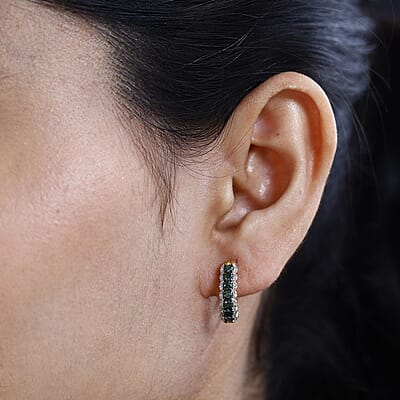 Green and White Diamond Hoop Earrings in Vermeil Yellow Gold Over Sterling Silver 1.00 ctw