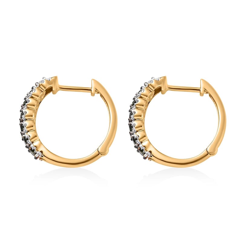 Green and White Diamond Hoop Earrings in Vermeil Yellow Gold Over Sterling Silver 1.00 ctw