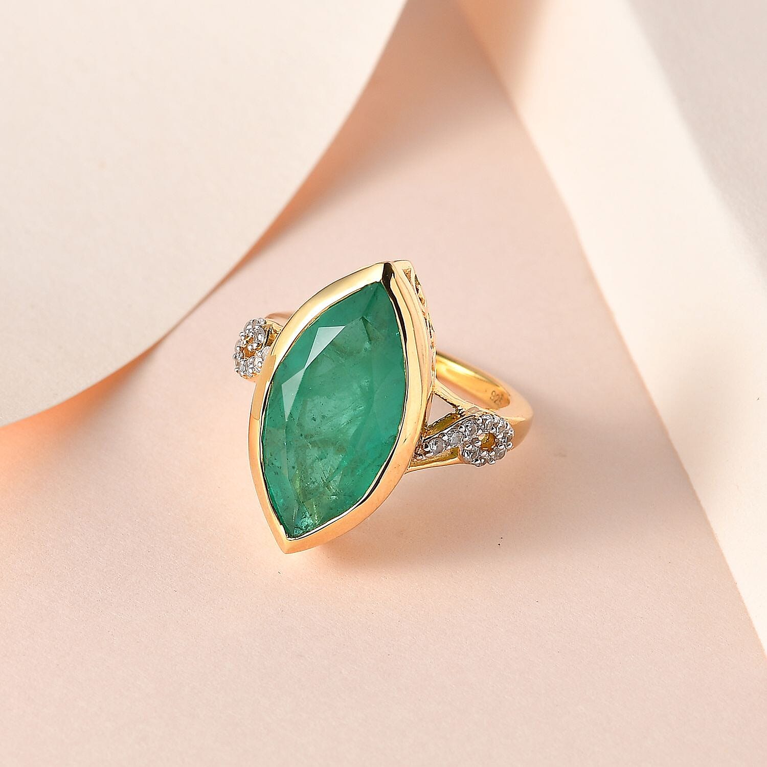 Emeraldine Quartz (Triplet) and White Zircon 9.85 ctw Ring in 14K YG Over Sterling Silver (Size 8.0)