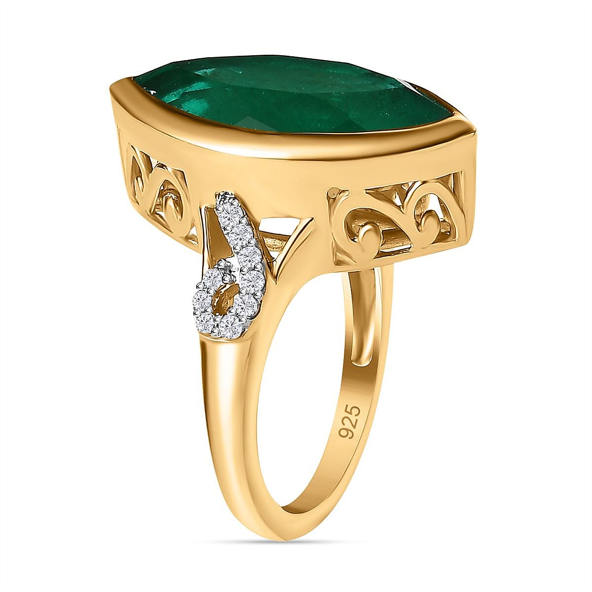 Emeraldine Quartz (Triplet) and White Zircon 9.85 ctw Ring in 14K YG Over Sterling Silver (Size 8.0)