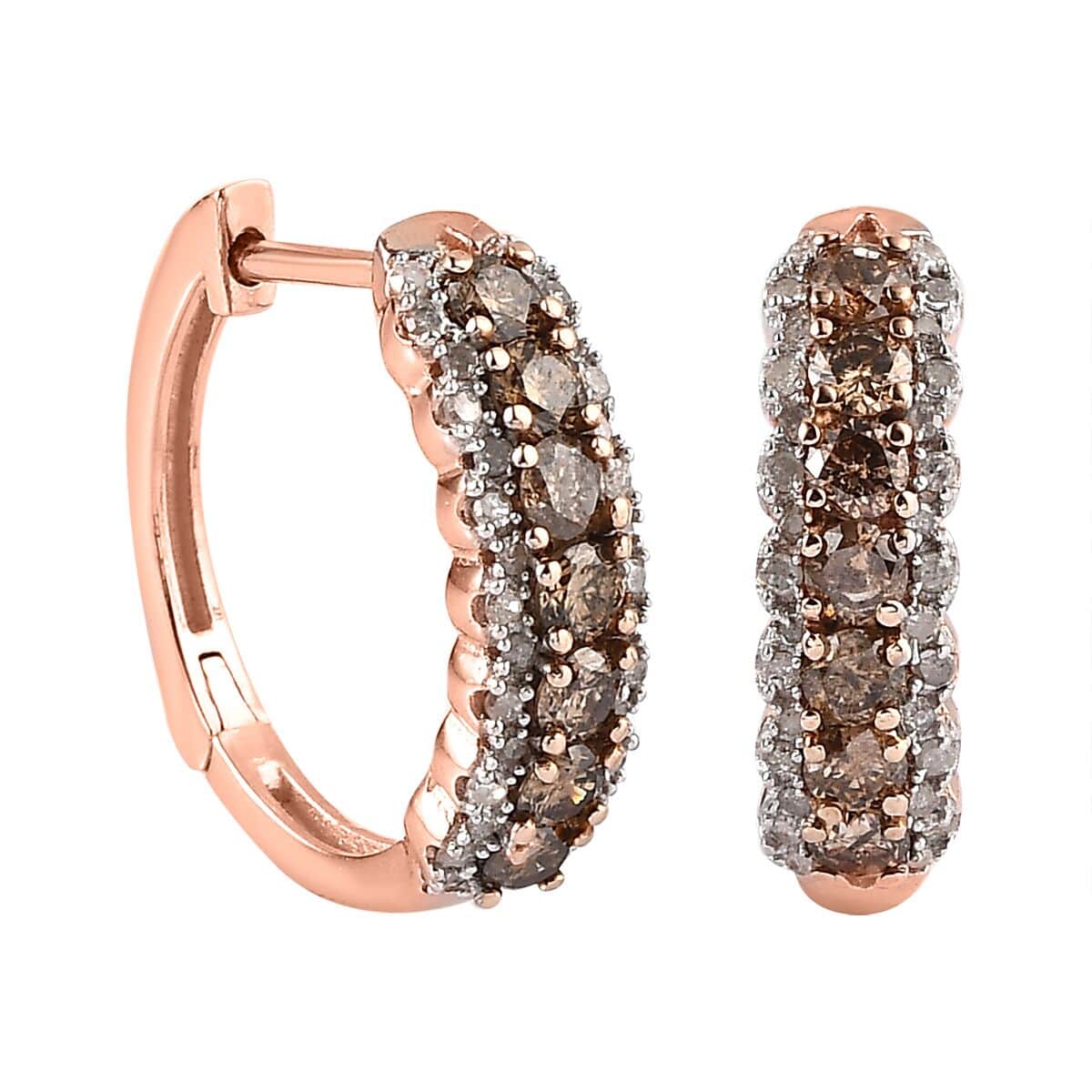 Natural Champagne and White Diamond Hoop Earrings in Vermeil Rose Gold Over Sterling Silver 1.00 ctw image number 0