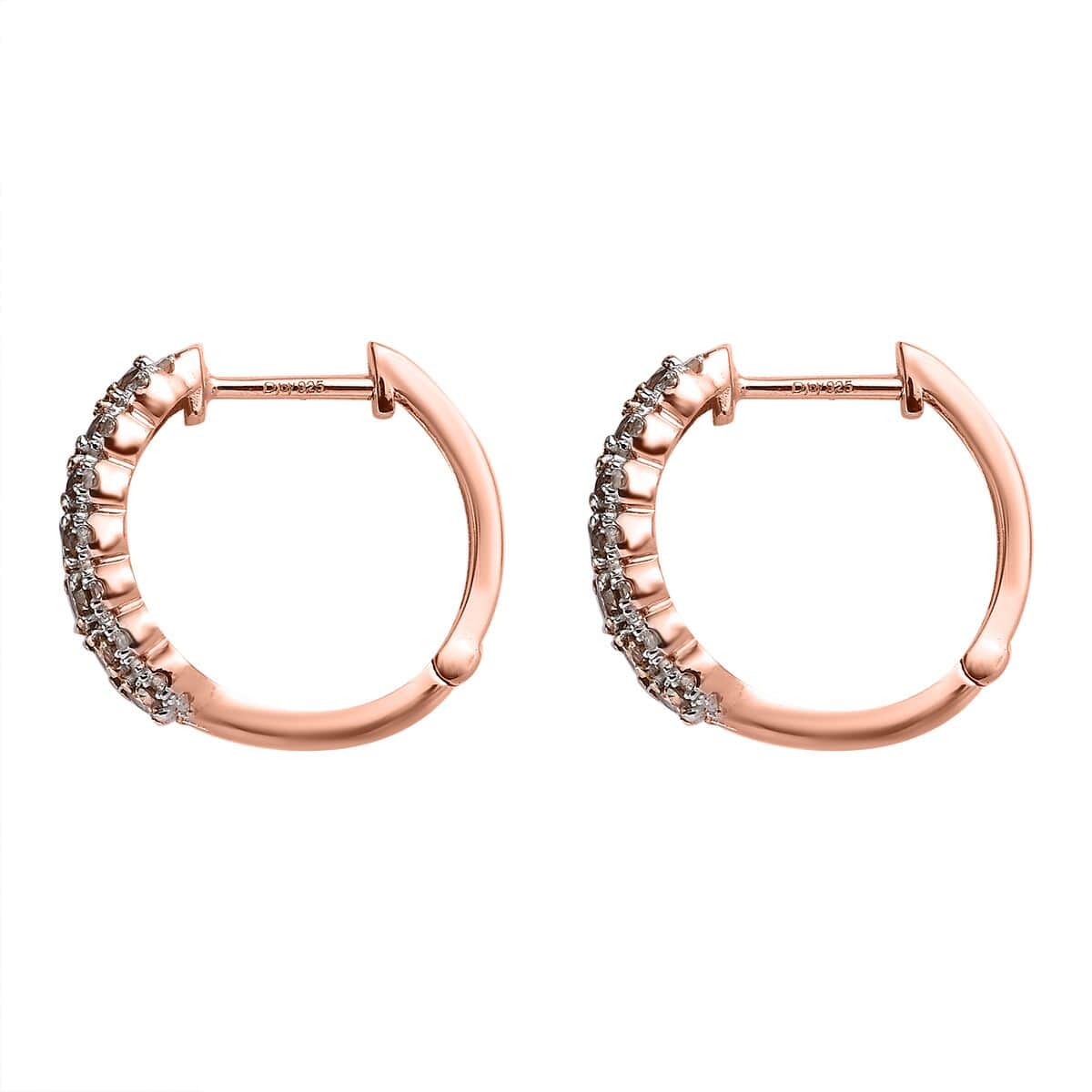 Natural Champagne and White Diamond Hoop Earrings in Vermeil Rose Gold Over Sterling Silver 1.00 ctw image number 3