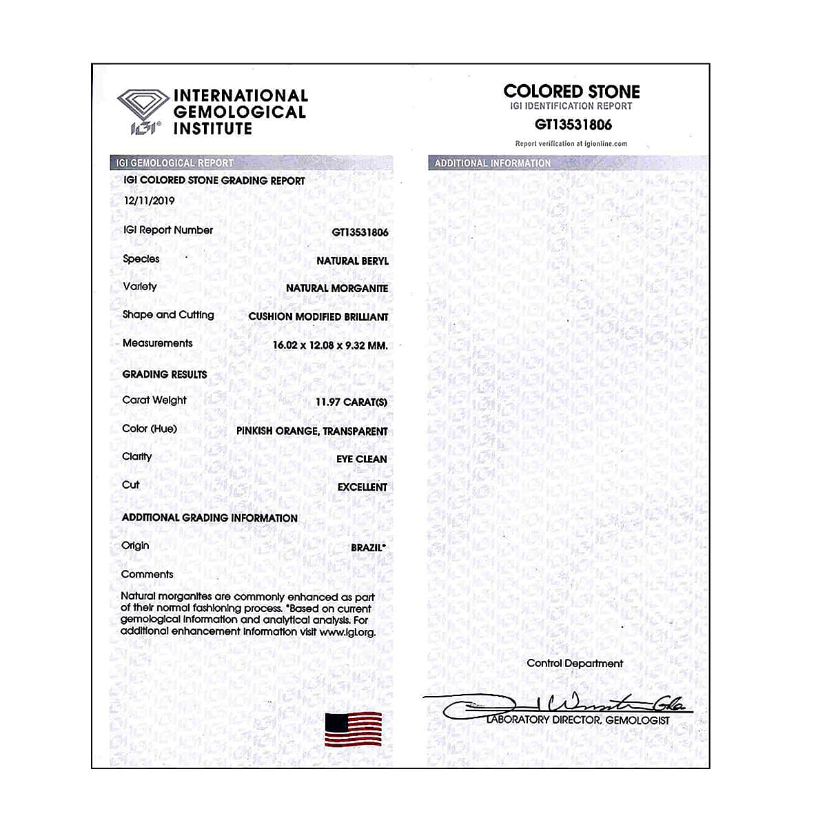 IGI Certified Marropino Morganite (Cush Free Size) 10.00 ctw image number 3