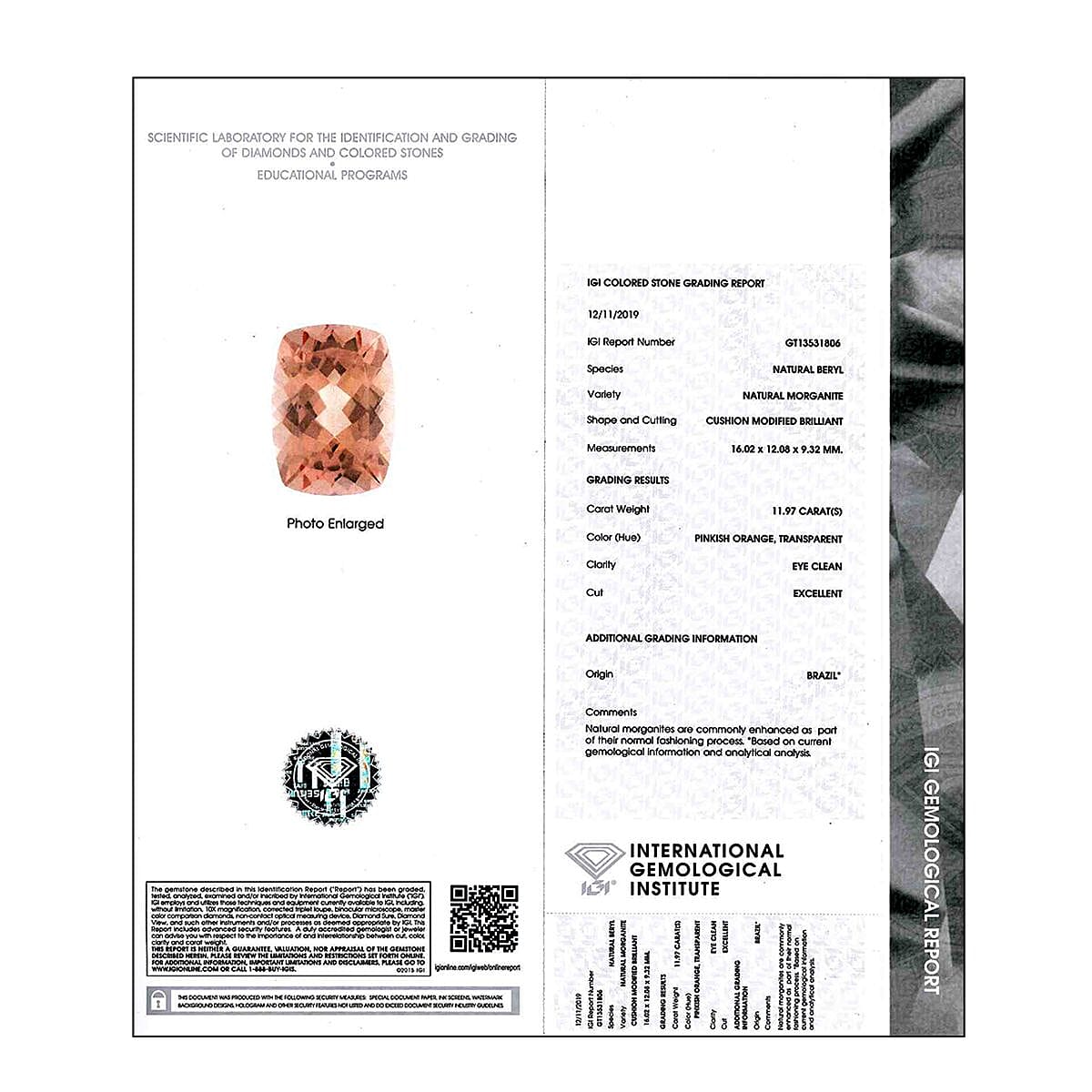 IGI Certified Marropino Morganite (Cush Free Size) 10.00 ctw image number 4