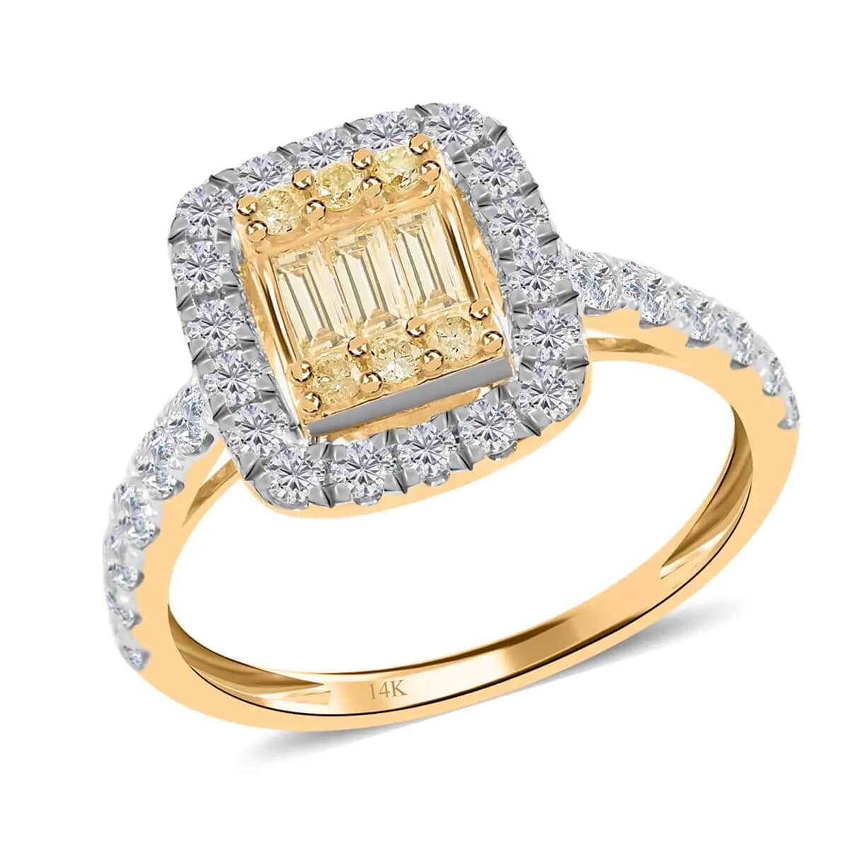 Natural Yellow and White Diamond Ring, 14K Yellow Gold Ring,  I2-I3 Diamond Ring, Deco Cluster Ring, Yellow Diamond Jewelry 1.00 ctw image number 0