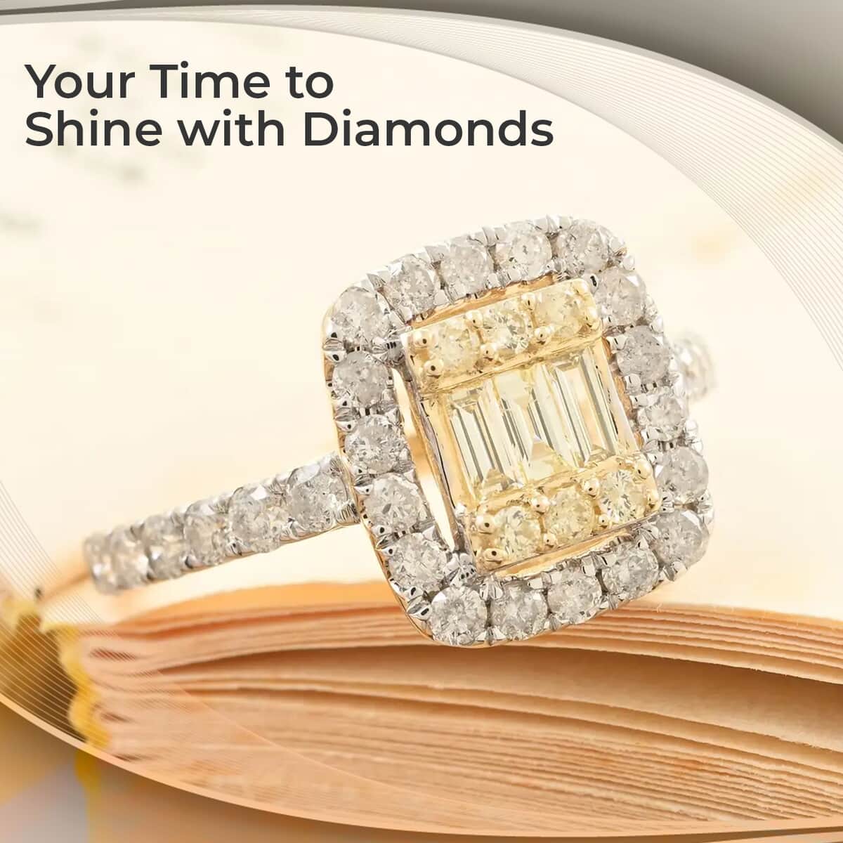 Natural Yellow and White Diamond Ring, 14K Yellow Gold Ring,  I2-I3 Diamond Ring, Deco Cluster Ring, Yellow Diamond Jewelry 1.00 ctw image number 1