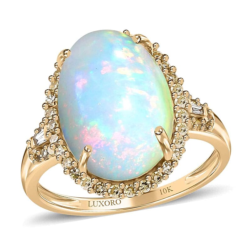 Luxoro 10K Yellow Gold AAA Ethiopian Welo Opal and I3 Natural Yellow Diamond Halo Ring (Size 10.0) 4.20 ctw
