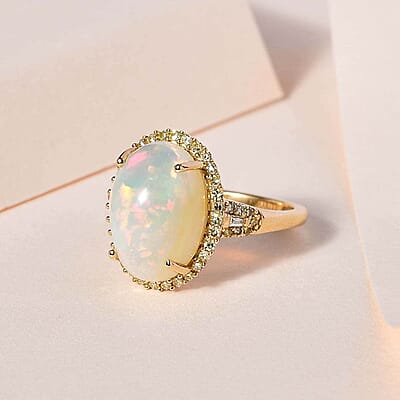 Luxoro 10K Yellow Gold AAA Ethiopian Welo Opal and I3 Natural Yellow Diamond Halo Ring (Size 10.0) 4.20 ctw