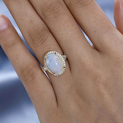 Luxoro 10K Yellow Gold AAA Ethiopian Welo Opal and I3 Natural Yellow Diamond Halo Ring (Size 10.0) 4.20 ctw