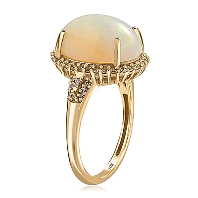 Luxoro 10K Yellow Gold AAA Ethiopian Welo Opal and I3 Natural Yellow Diamond Halo Ring (Size 10.0) 4.20 ctw