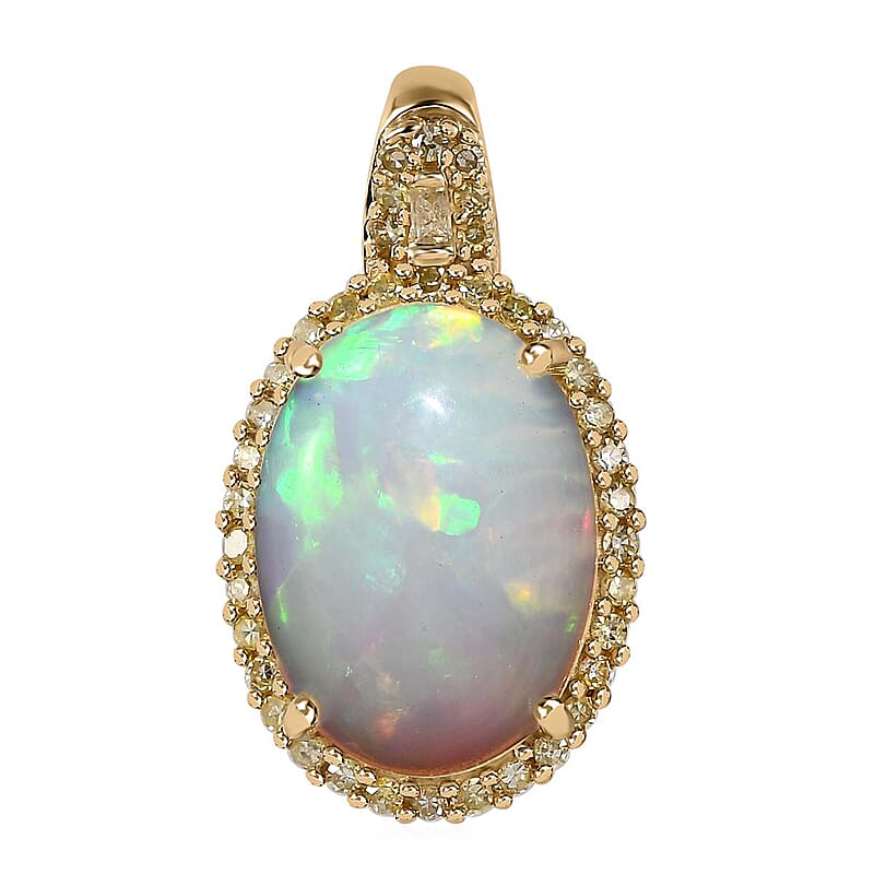 Luxoro 10K Yellow Gold AAA Ethiopian Welo Opal and I3 Natural Yellow Diamond Halo Pendant 4.10 ctw