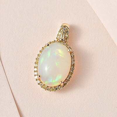 Luxoro 10K Yellow Gold AAA Ethiopian Welo Opal and I3 Natural Yellow Diamond Halo Pendant 4.10 ctw