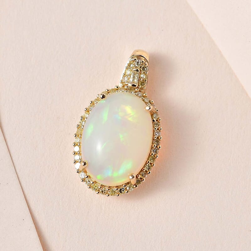 Luxoro 10K Yellow Gold AAA Ethiopian Welo Opal and I3 Natural Yellow Diamond Halo Pendant 4.10 ctw