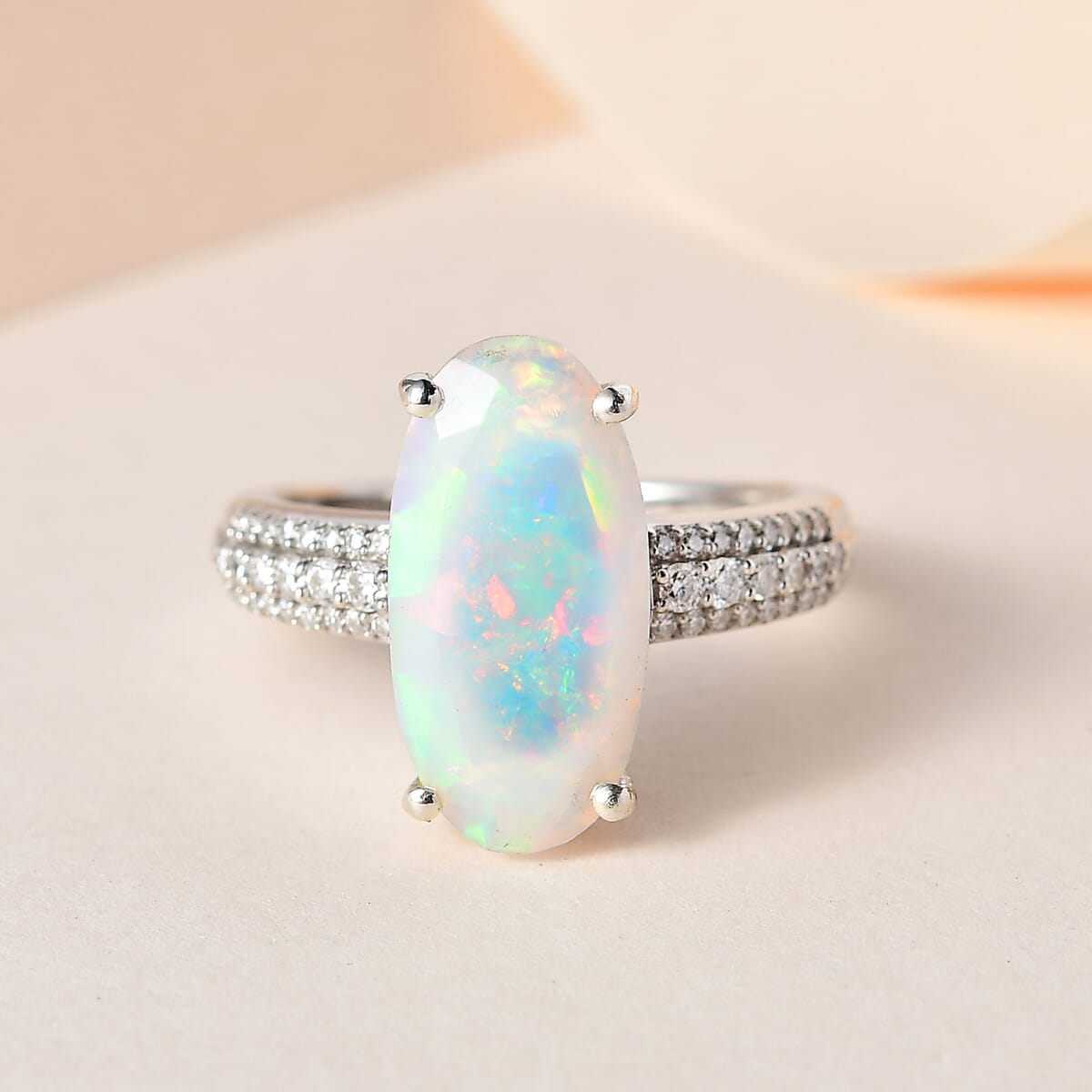 AAA Ethiopian Welo Opal and Moissanite 3.00 ctw Ring in Platinum Over Sterling Silver (Size 7.0) image number 1