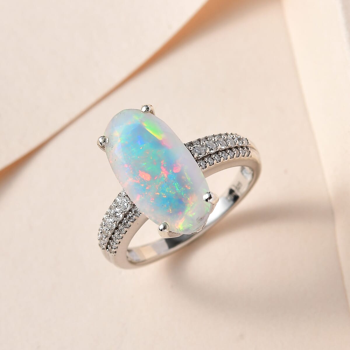 AAA Ethiopian Welo Opal and Moissanite 3.00 ctw Ring in Platinum Over Sterling Silver (Size 7.0) image number 2