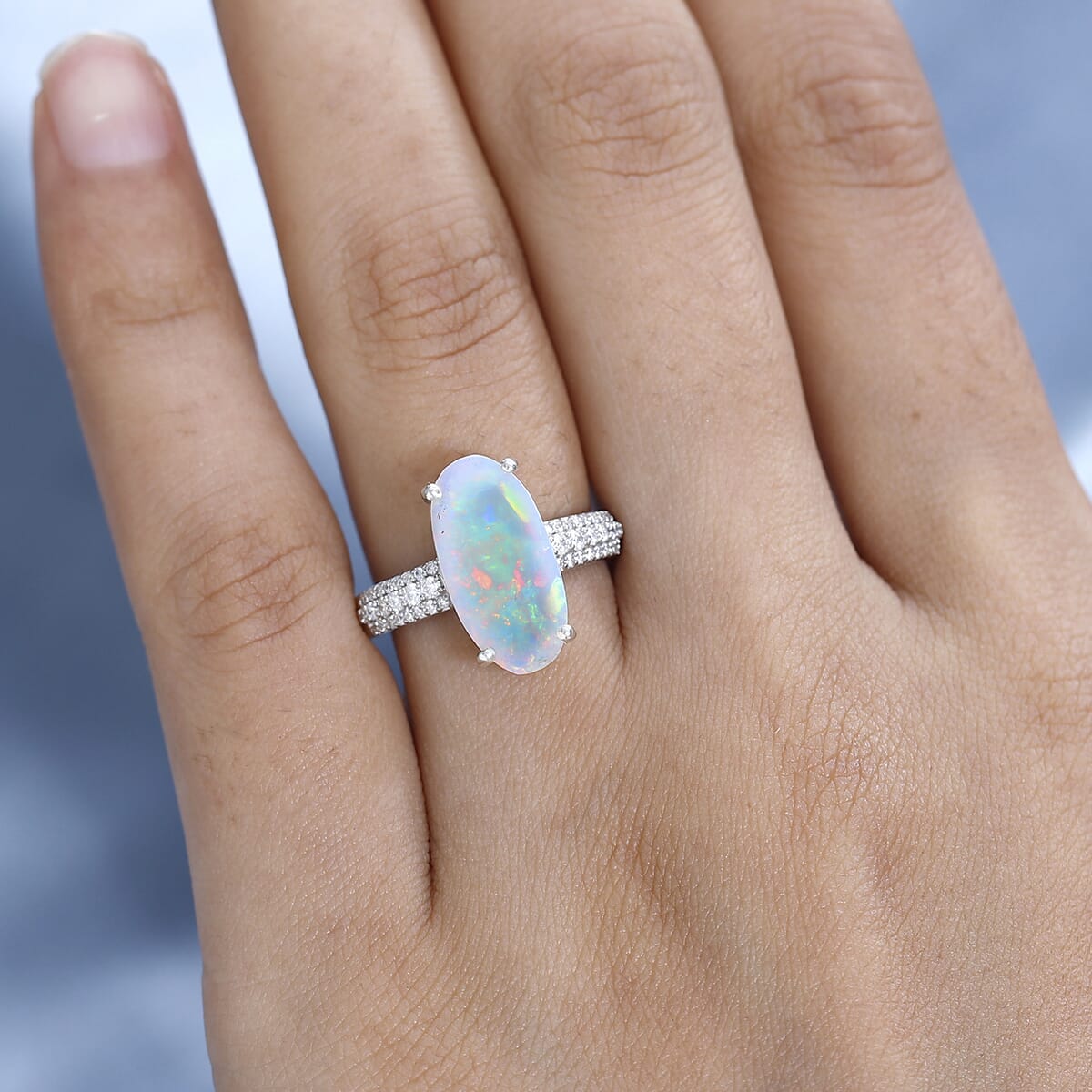 AAA Ethiopian Welo Opal and Moissanite 3.00 ctw Ring in Platinum Over Sterling Silver (Size 7.0) image number 3