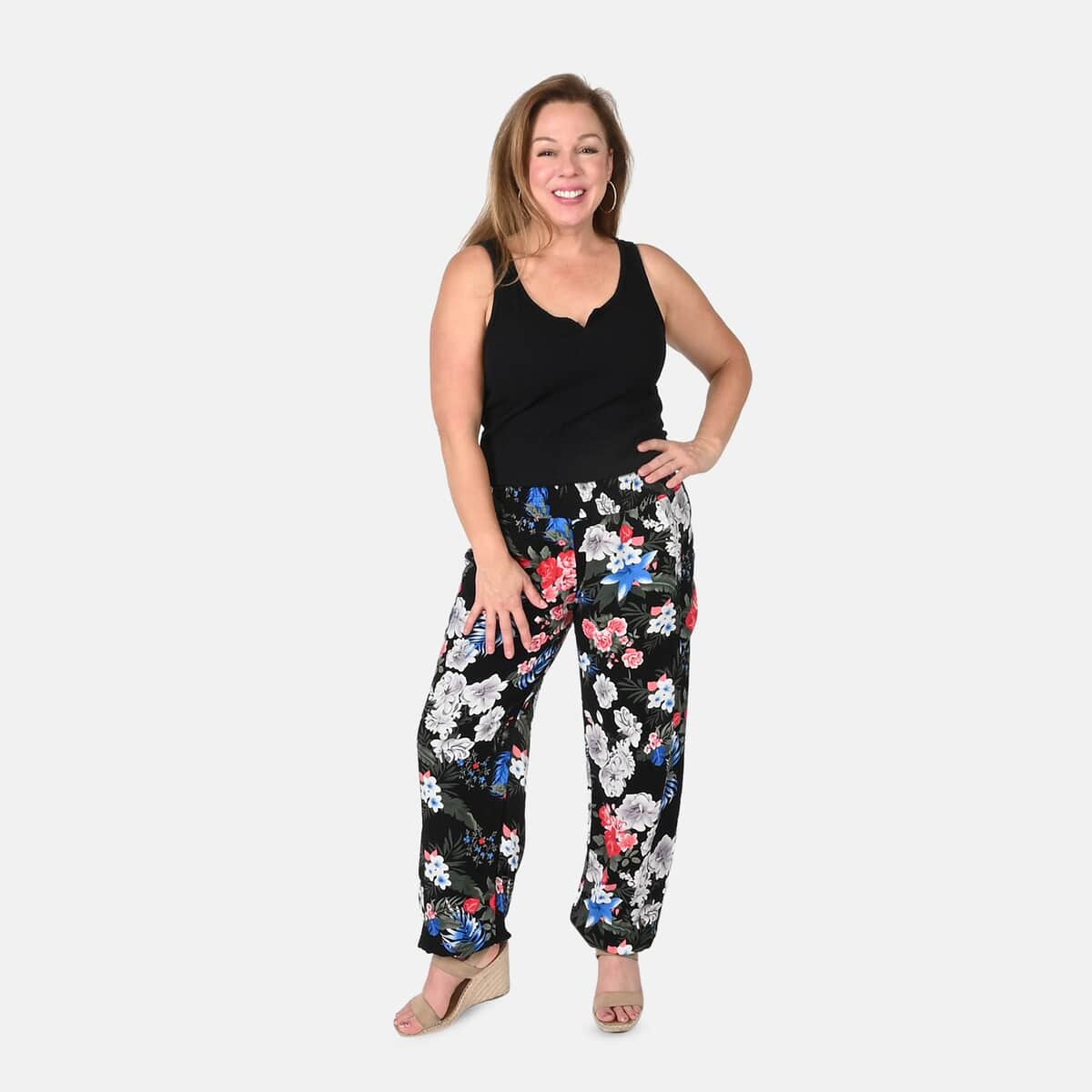 Tamsy Black Rose Smocked Waist Harem Pant with 2 Pockets - One Size Fits Most image number 0