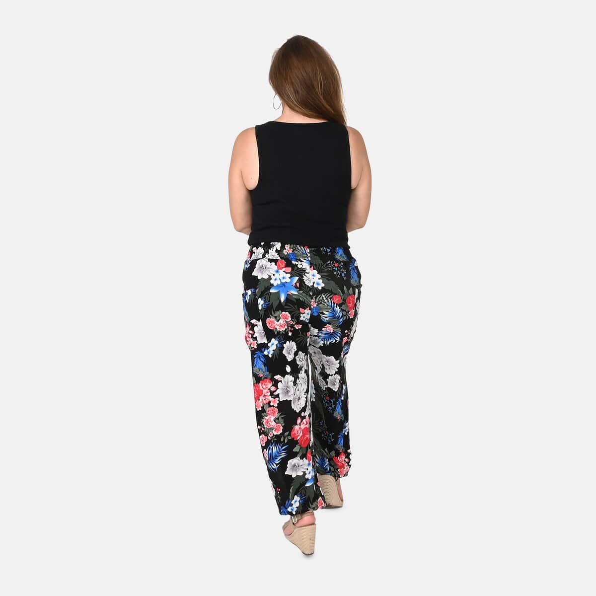 Tamsy Black Rose Smocked Waist Harem Pant with 2 Pockets - One Size Fits Most image number 1