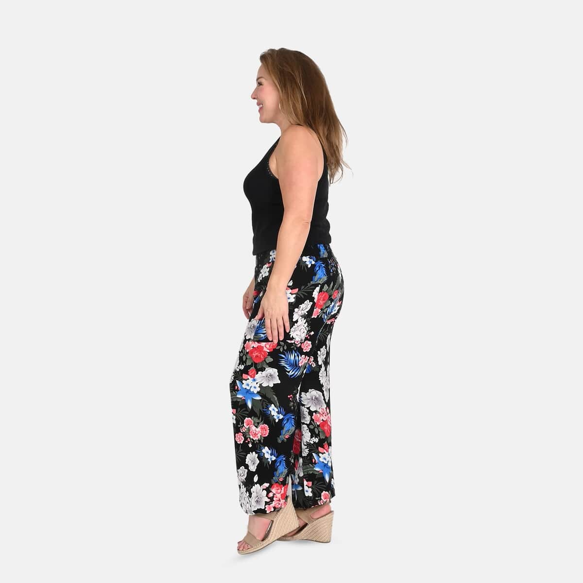 Tamsy Black Rose Smocked Waist Harem Pant with 2 Pockets - One Size Fits Most image number 2