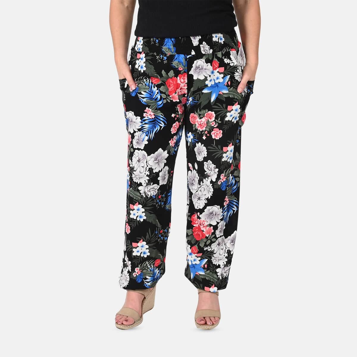 Tamsy Black Rose Smocked Waist Harem Pant with 2 Pockets - One Size Fits Most image number 3