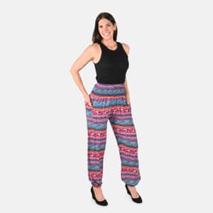 Tamsy Pink Abstract Smocked Waist Harem Pant with 2 Pockets - One Size Fits Most