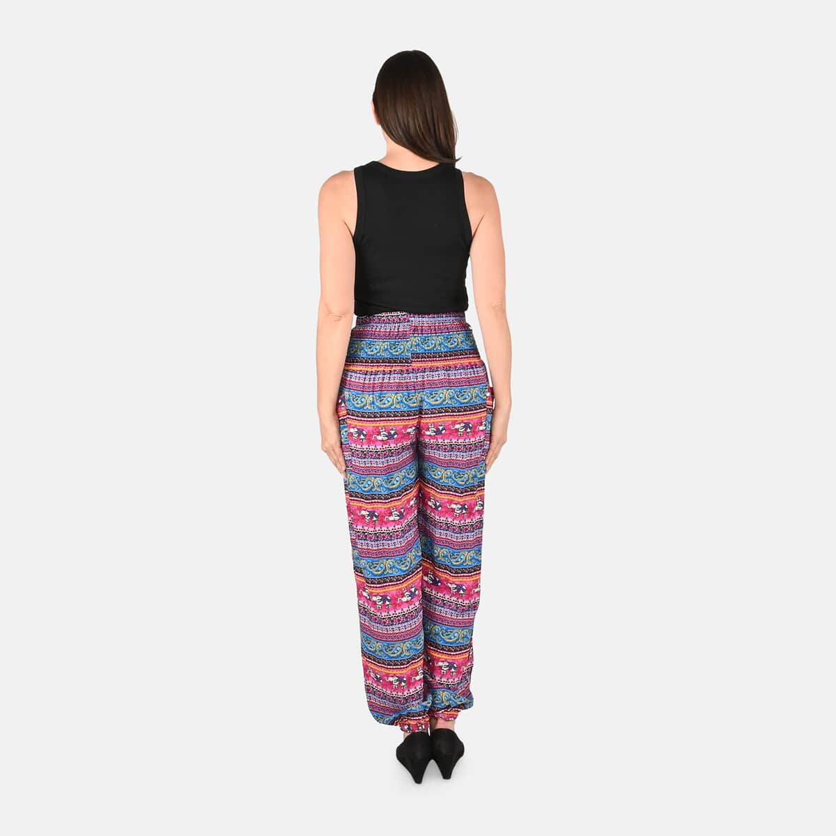 Tamsy Pink Abstract Smocked Waist Harem Pant with 2 Pockets - One Size Fits Most image number 1