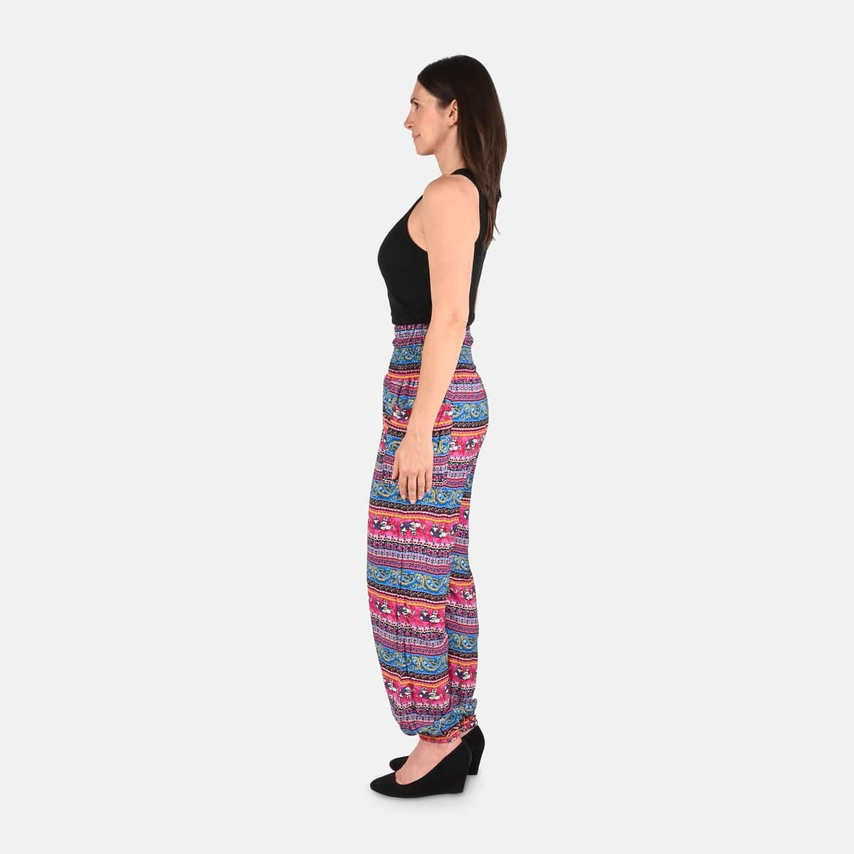 Tamsy Pink Abstract Smocked Waist Harem Pant with 2 Pockets - One Size Fits Most image number 2