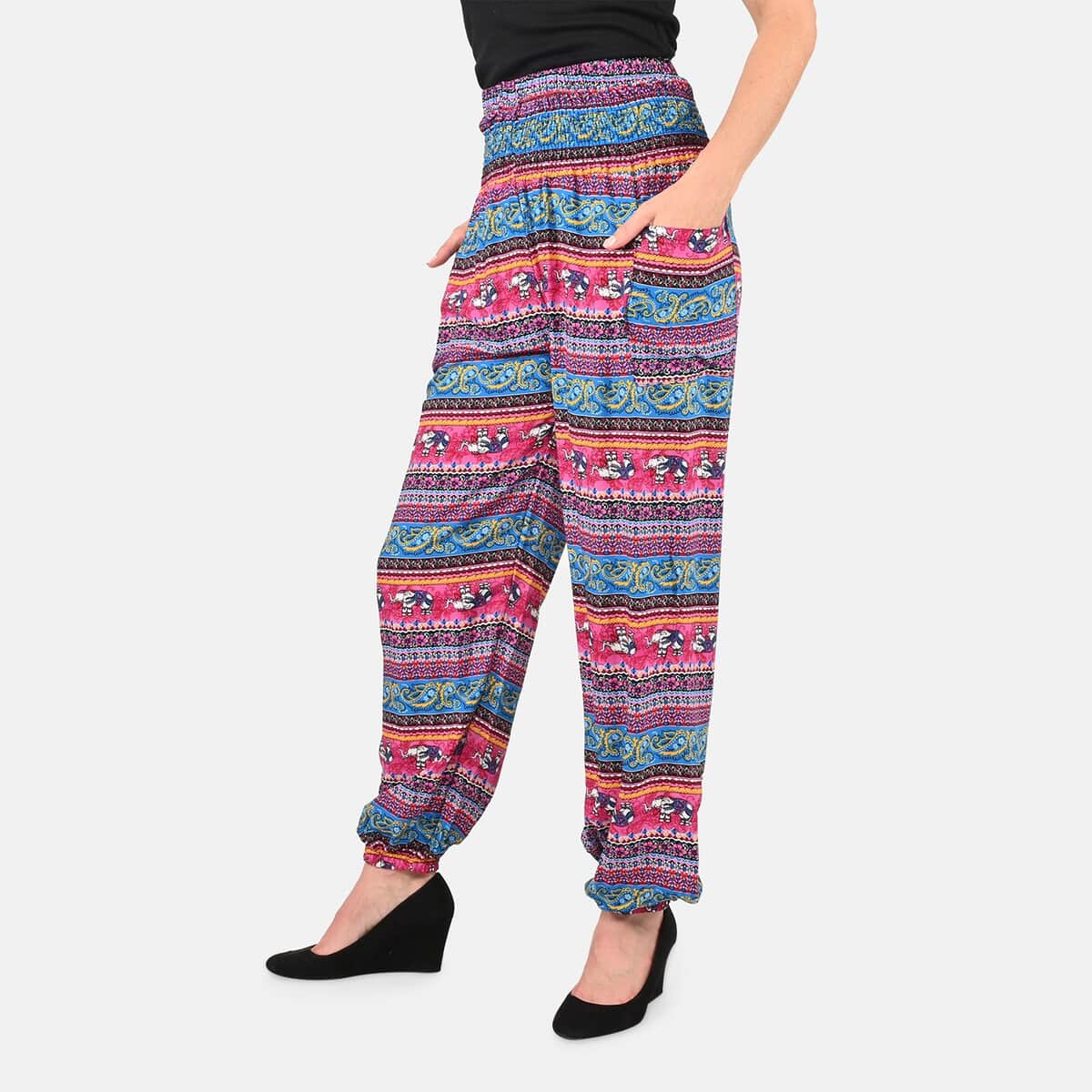 Tamsy Pink Abstract Smocked Waist Harem Pant with 2 Pockets - One Size Fits Most image number 3