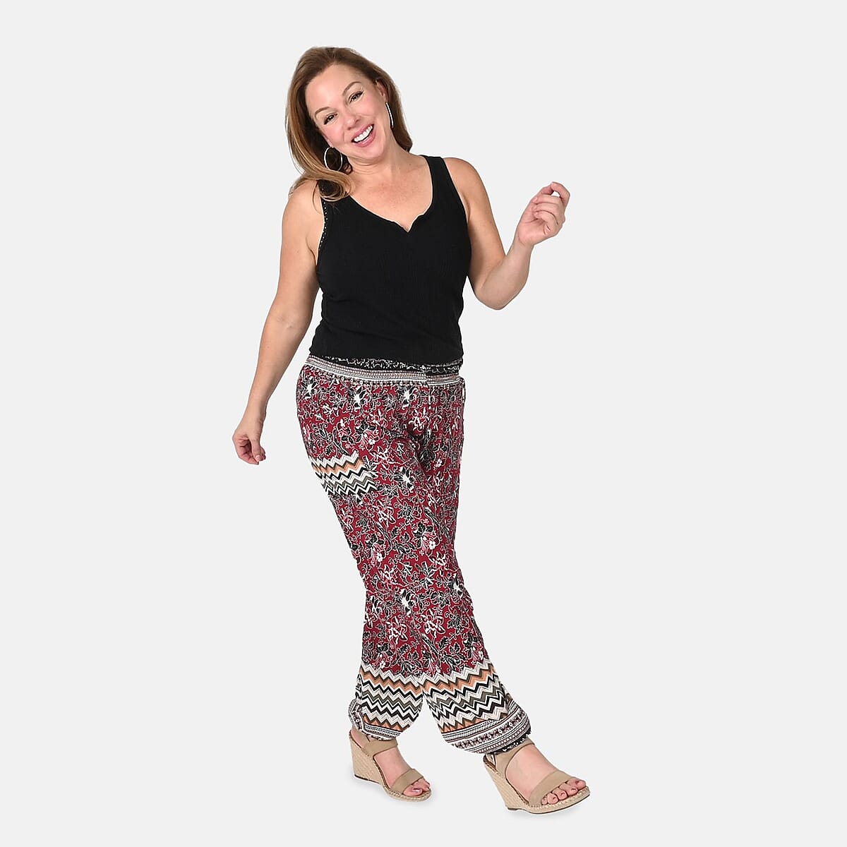 Tamsy Red Floral Smocked Waist Harem Pant with 2 Pockets - One Size Fits Most image number 0