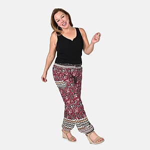 Tamsy Red Floral Smocked Waist Harem Pant with 2 Pockets - One Size Fits Most