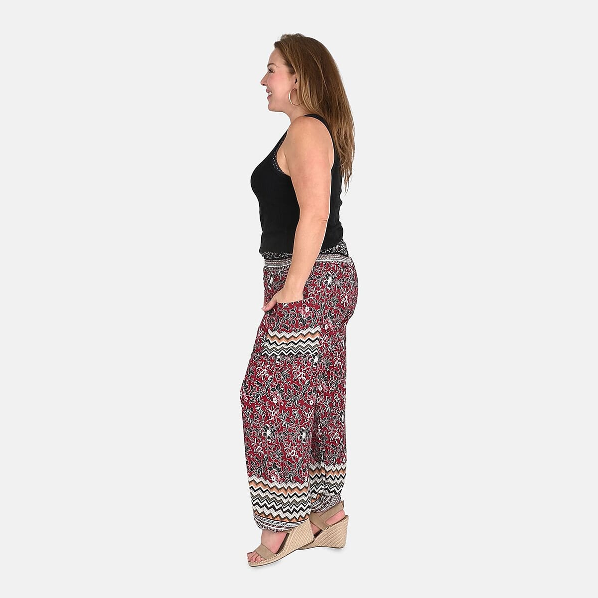 Tamsy Red Floral Smocked Waist Harem Pant with 2 Pockets - One Size Fits Most image number 2