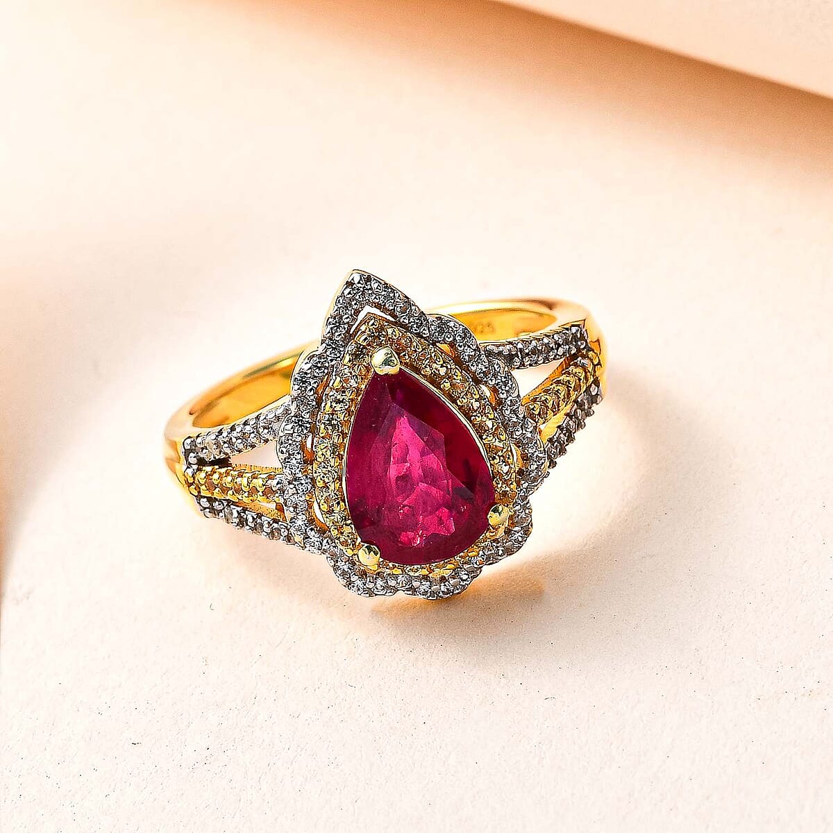 Premium Niassa Ruby (FF) and Multi Gemstone Split Shank Ring in Vermeil Yellow Gold Over Sterling Silver (Size 10.0) 4.10 ctw (Del. in 7-10 Days) image number 1