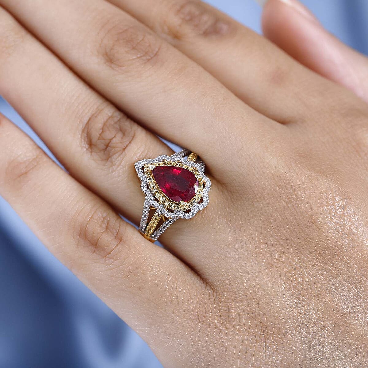 Premium Niassa Ruby (FF) and Multi Gemstone Split Shank Ring in Vermeil Yellow Gold Over Sterling Silver (Size 10.0) 4.10 ctw (Del. in 7-10 Days) image number 2
