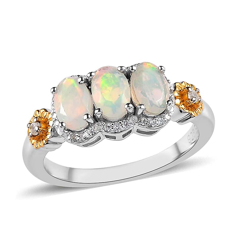 GP Italian Garden Collection Premium Ethiopian Welo Opal and White Zircon Ring in Vermeil YG and Platinum Over Sterling Silver (Size 10.0) 1.40 ctw