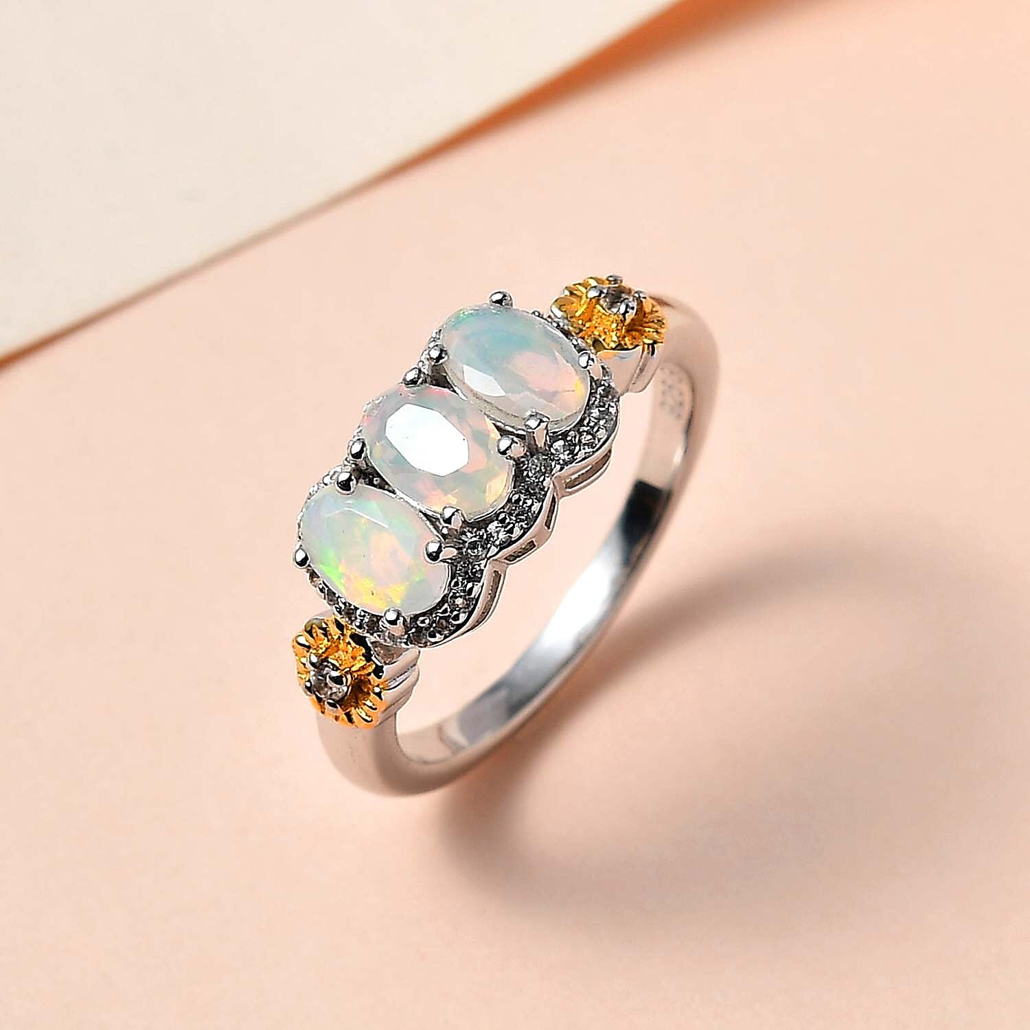 GP Italian Garden Collection Premium Ethiopian Welo Opal and White Zircon Ring in Vermeil YG and Platinum Over Sterling Silver (Size 10.0) 1.40 ctw