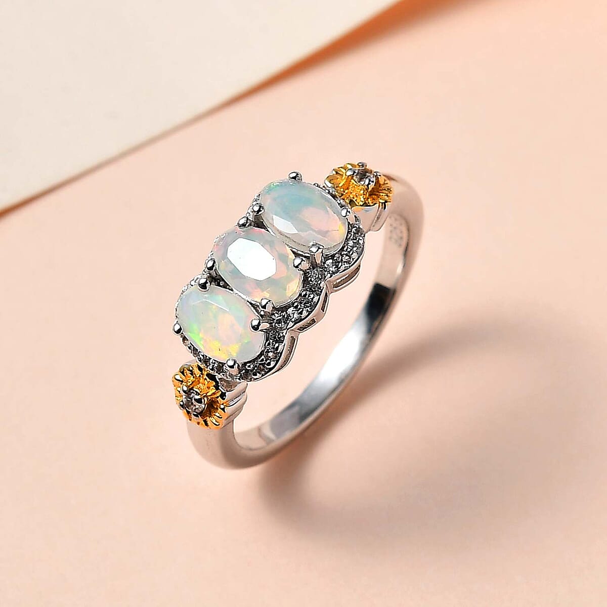 GP Italian Garden Collection Premium Ethiopian Welo Opal and White Zircon Ring in Vermeil YG and Platinum Over Sterling Silver 1.40 ctw image number 1