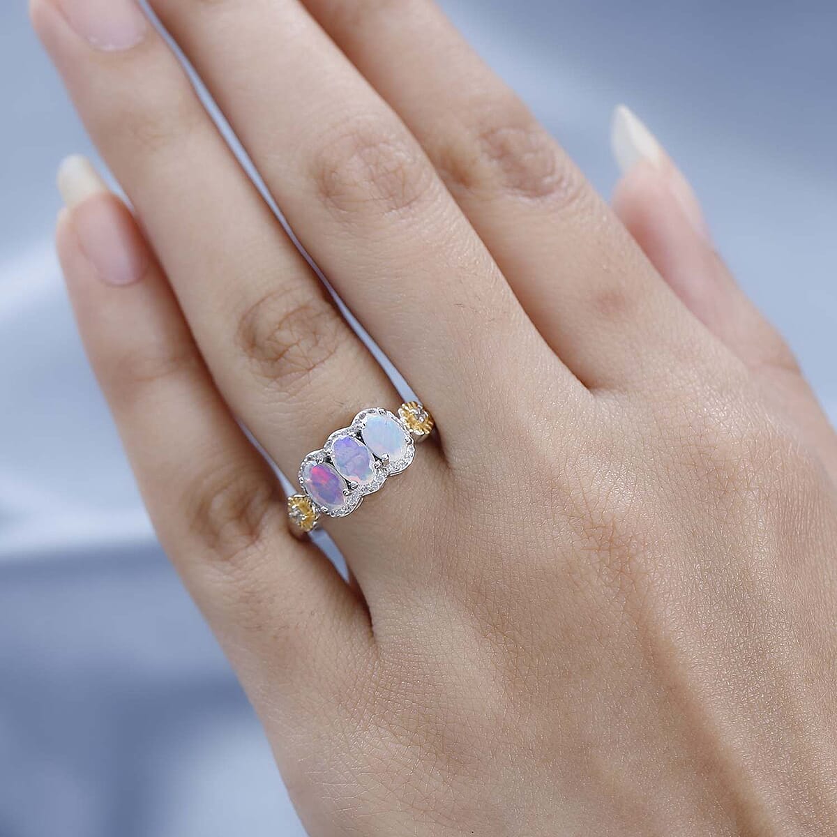 GP Italian Garden Collection Premium Ethiopian Welo Opal and White Zircon Ring in Vermeil YG and Platinum Over Sterling Silver 1.40 ctw image number 2