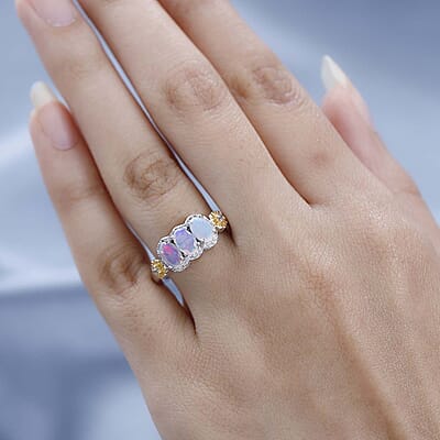 GP Italian Garden Collection Premium Ethiopian Welo Opal and White Zircon Ring in Vermeil YG and Platinum Over Sterling Silver (Size 10.0) 1.40 ctw