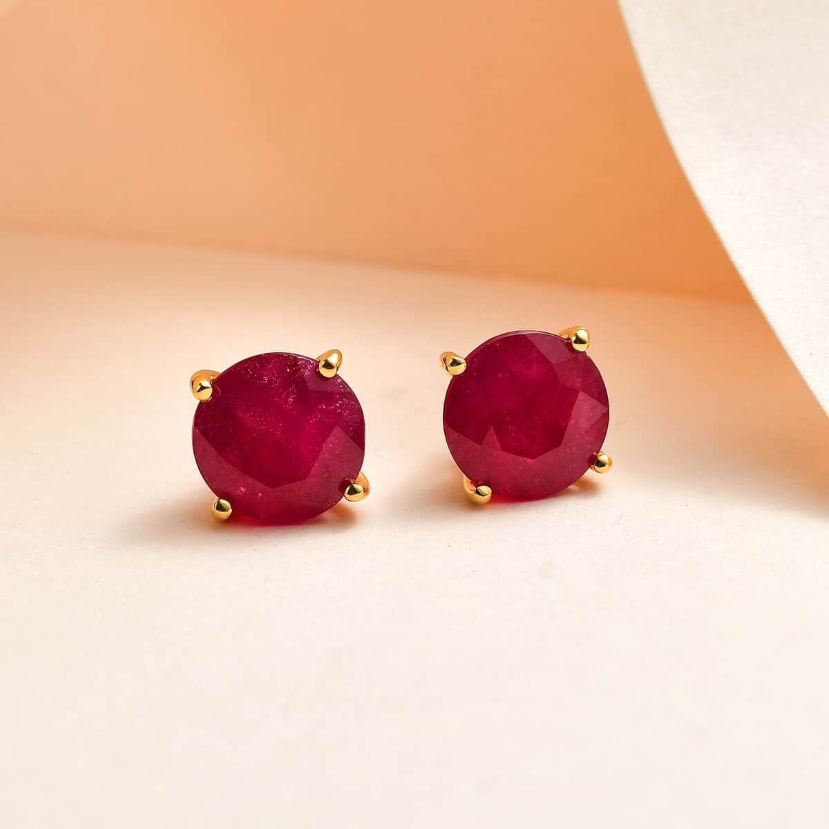 Niassa Ruby (FF) Solitaire Stud Earrings in Vermeil Yellow Gold Over Sterling Silver 8.75 ctw image number 1