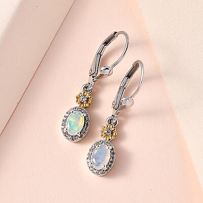 GP Italian Garden Collection Premium Ethiopian Welo Opal and White Zircon Lever Back Earrings in Vermeil YG and Platinum Over Sterling Silver 0.90 ctw