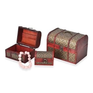 Set of 3 Dark Brown Wooden and Copper Coin Pattern Faux Leather Nesting Treasure Chest with Latch Lock and Handle