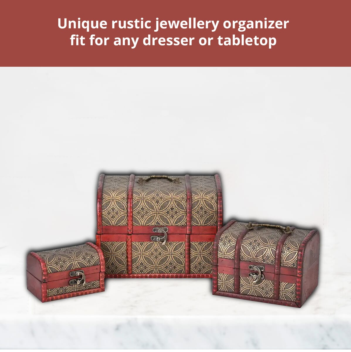 Set of 3 Dark Brown Wooden and Copper Coin Pattern Faux Leather Nesting Treasure Chest with Latch Lock and Handle image number 1