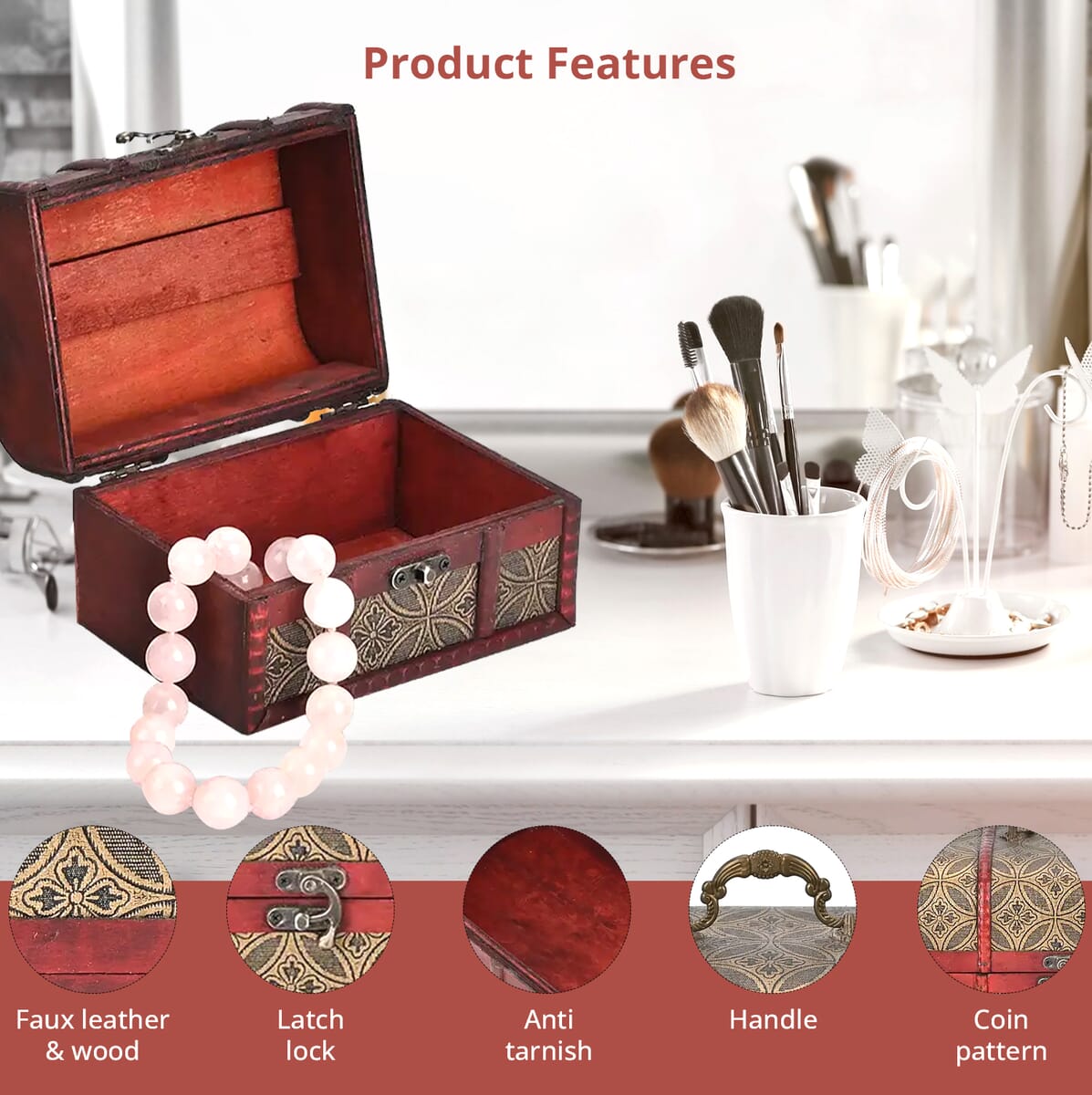 Set of 3 Dark Brown Wooden and Copper Coin Pattern Faux Leather Nesting Treasure Chest with Latch Lock and Handle image number 2