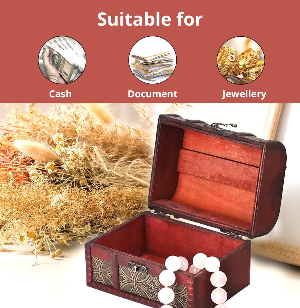 Set of 3 Dark Brown Wooden and Copper Coin Pattern Faux Leather Nesting Treasure Chest with Latch Lock and Handle image number 3