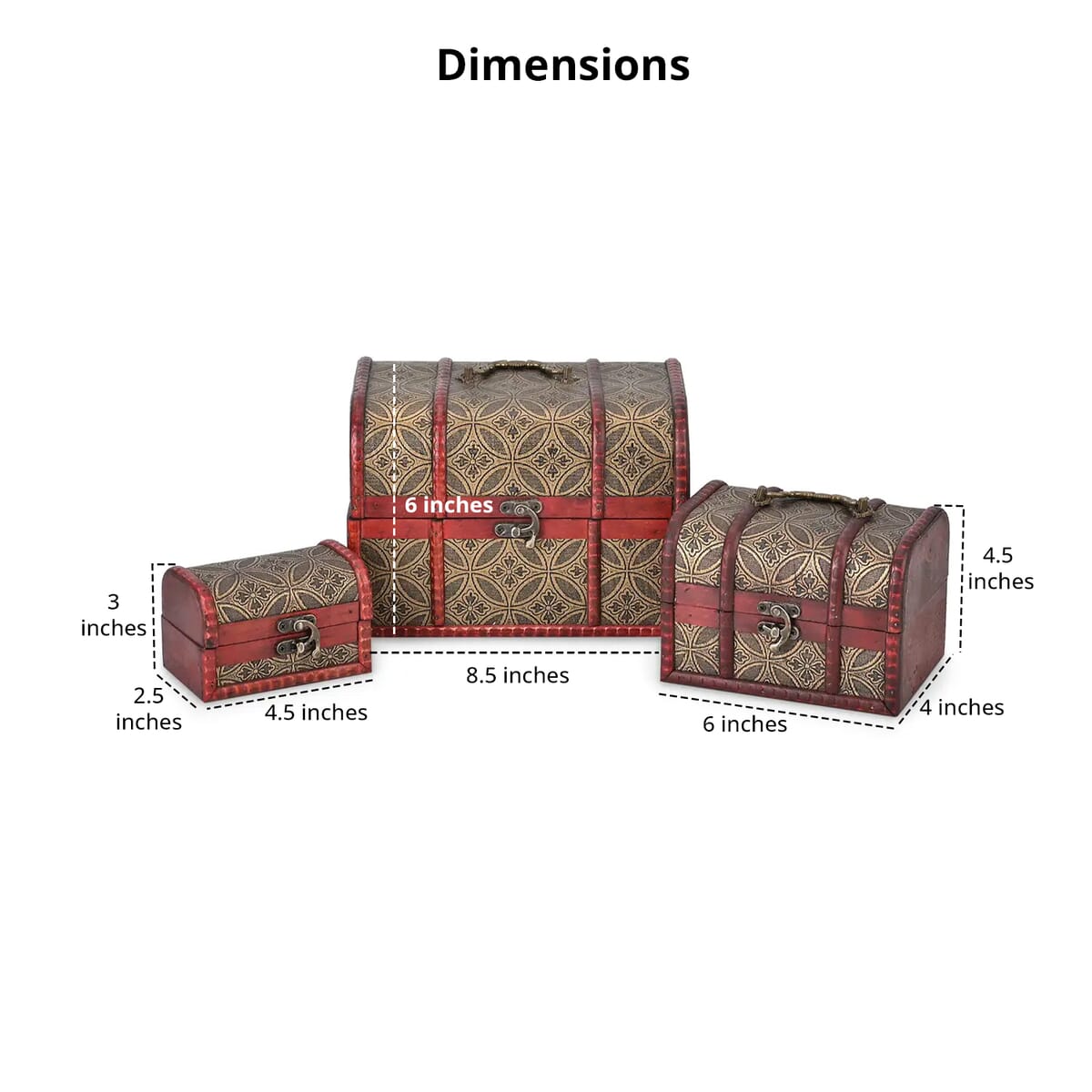 Set of 3 Dark Brown Wooden and Copper Coin Pattern Faux Leather Nesting Treasure Chest with Latch Lock and Handle image number 4