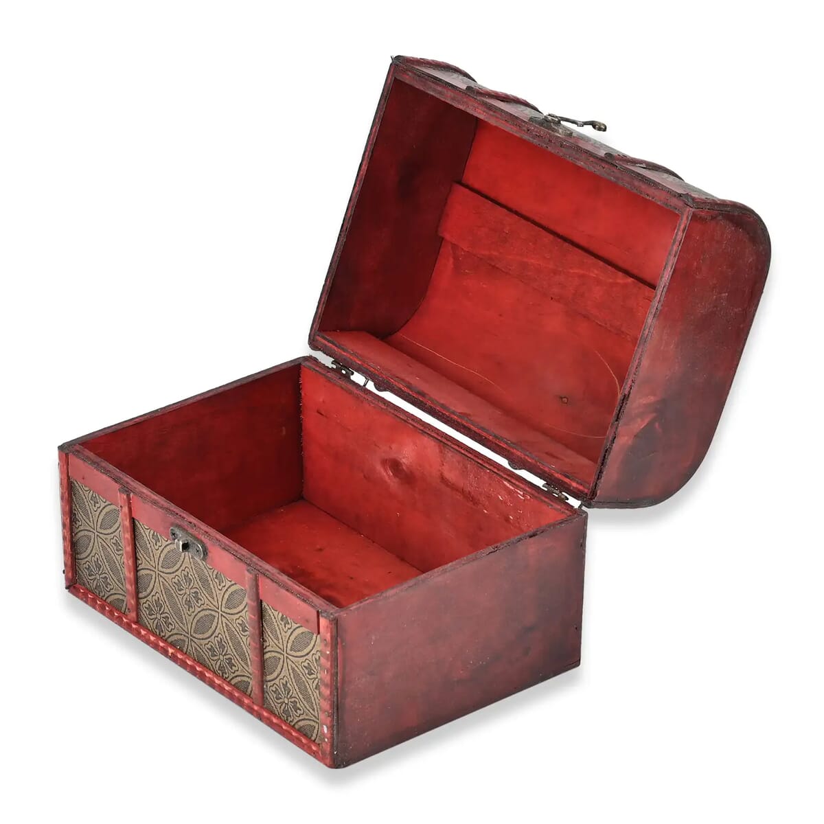 Set of 3 Dark Brown Wooden and Copper Coin Pattern Faux Leather Nesting Treasure Chest with Latch Lock and Handle image number 5