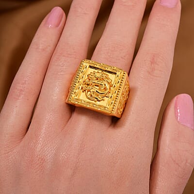 24K Yellow Gold Electroform Dragon Men's Ring (Size 10.0) 5.80 Grams