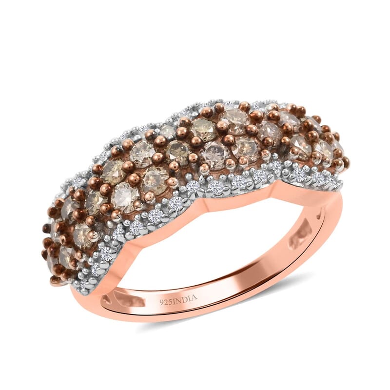Natural Champagne and White Diamond Ring in Vermeil Rose Gold Over Sterling Silver (Size 10.0) 1.00 ctw